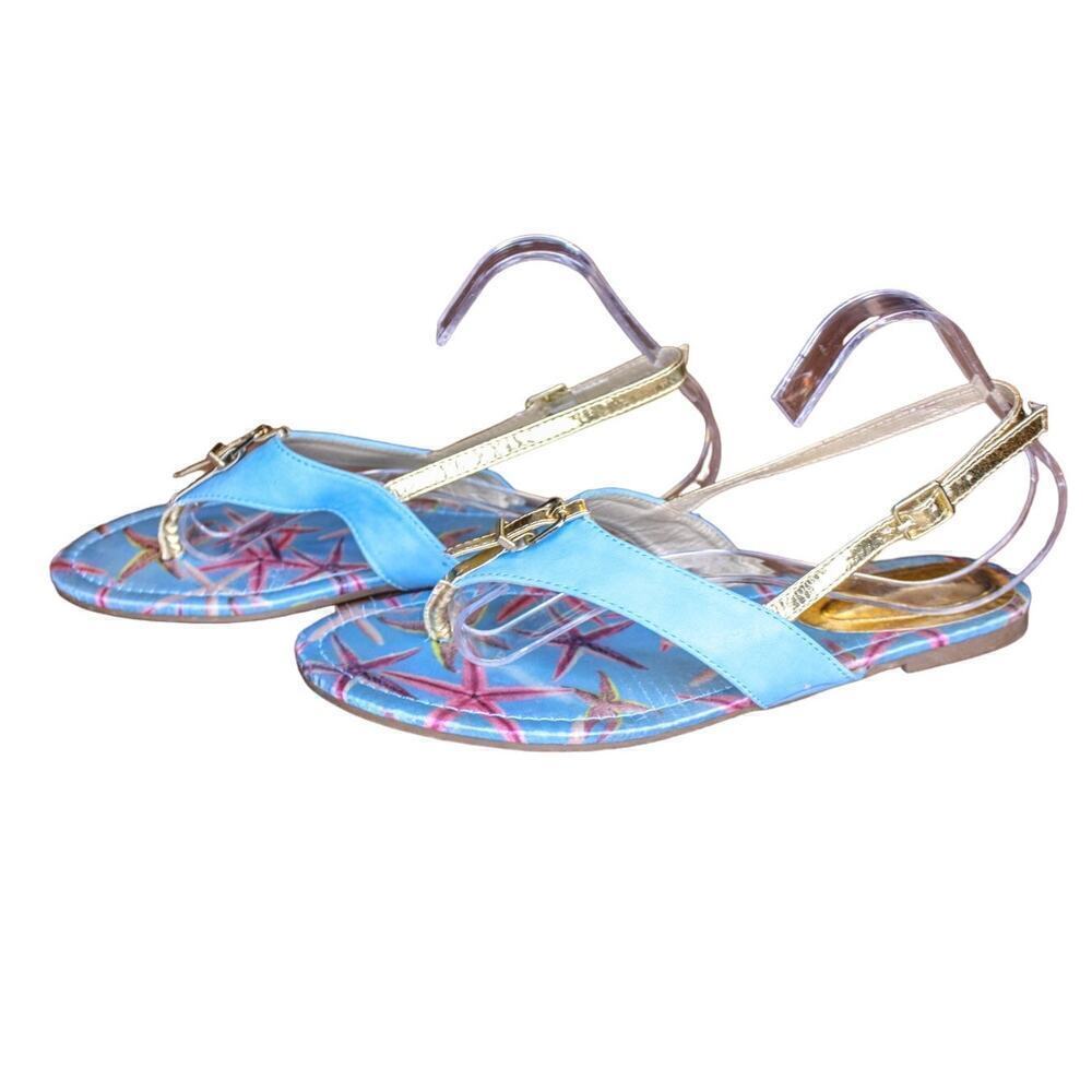 Liliana Thong Sandals Blue Gold Starfish Buckle Sling Back Strap 8